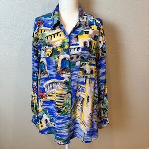 Vintage Silk Mureli Collection Mediterranean Coastal Print Button Down Shirt L